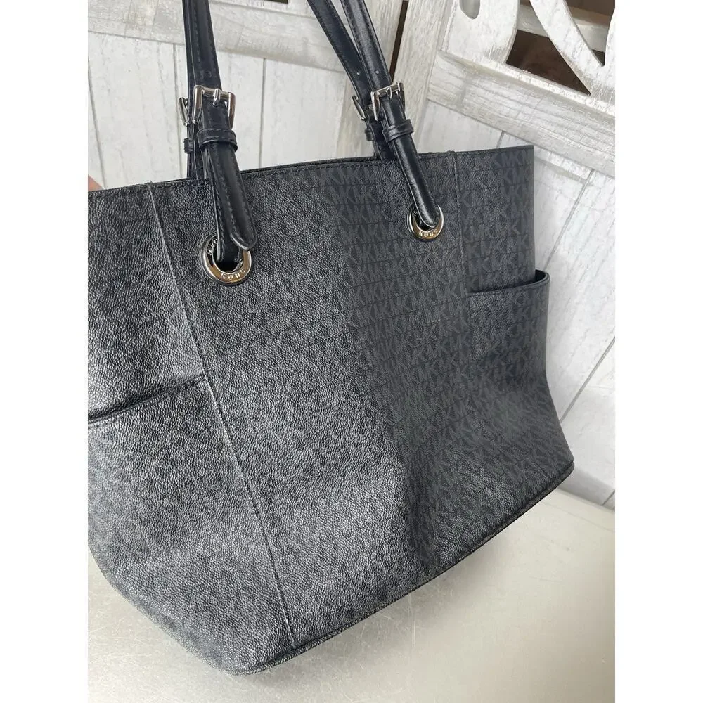 Michael Kors Signature Large Jet Set Logo Tote Black With Silver Hardware